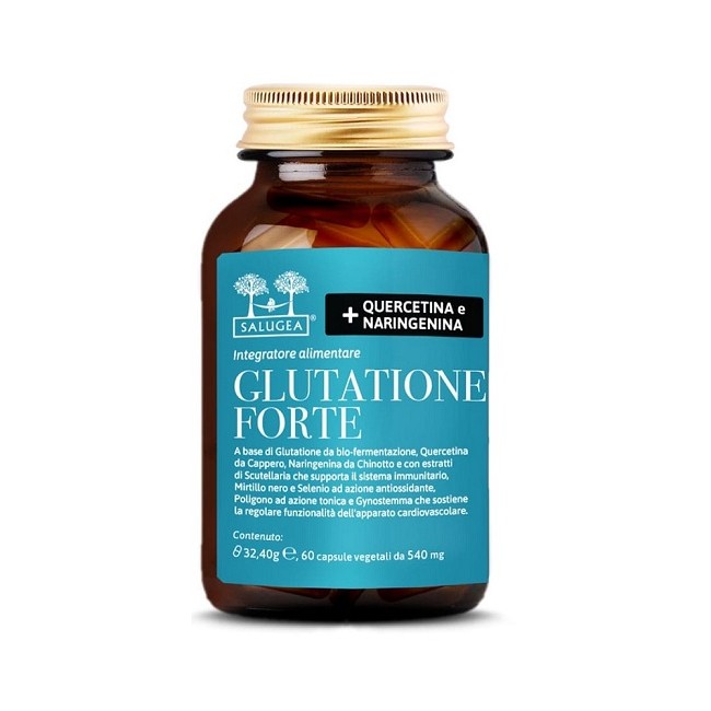 Flacone da 60 capsule di Salugea Glutatione Forte, integratore antiossidante per il benessere del fegato. Flacone da 60 capsule di Salugea Glutatione Forte, integratore antiossidante per il benessere del fegato.