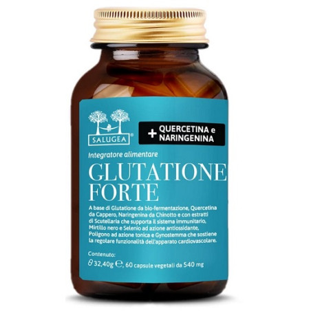 Flacone da 60 capsule di Salugea Glutatione Forte, integratore antiossidante per il benessere del fegato. Flacone da 60 capsule di Salugea Glutatione Forte, integratore antiossidante per il benessere del fegato.