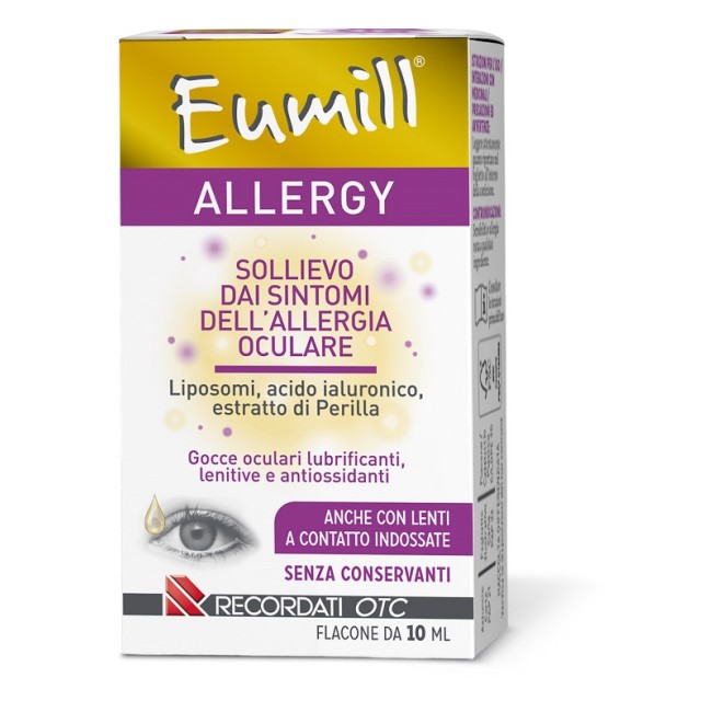 Flacone da 10 ml di Eumill Allergy, collirio per allergie oculari.