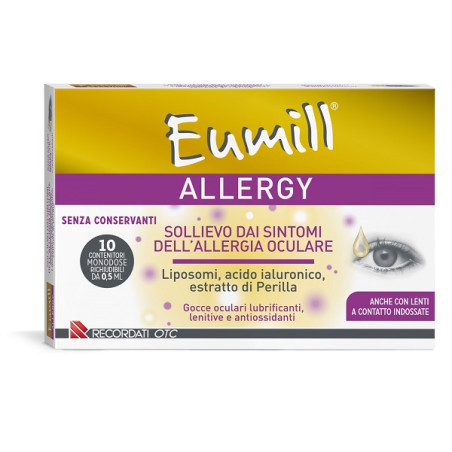 Confezione contenente 10 flaconcini di Eumill Allergy, collirio utile contro le allergie stagionali. Confezione contenente 10 flaconcini di Eumill Allergy, collirio utile contro le allergie stagionali.