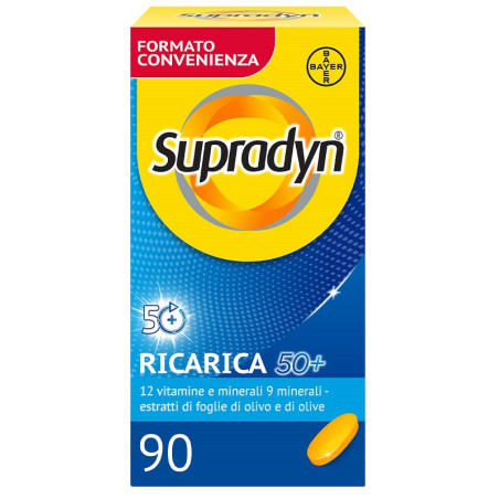 Confezione da 90 compresse di Supradyn Ricarica 50+, integratore di vitamine e minerali.