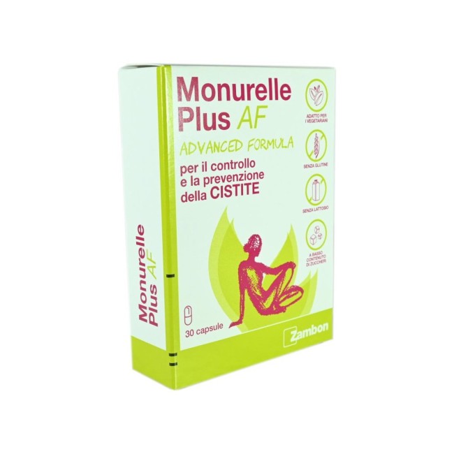 Confezione da 30 capsule di Monurelle plus AF formula avanzata integratore per la cistite. Confezione da 30 capsule di Monurelle plus AF formula avanzata integratore per la cistite.