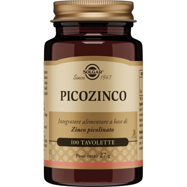 Barattolo da 100 tavolette di Solgar Picozinco, integratore per la salute di pelle, capelli e unghie.