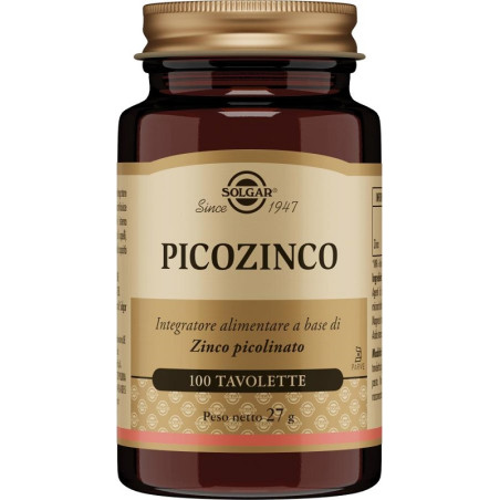 Barattolo da 100 tavolette di Solgar Picozinco, integratore per la salute di pelle, capelli e unghie.
