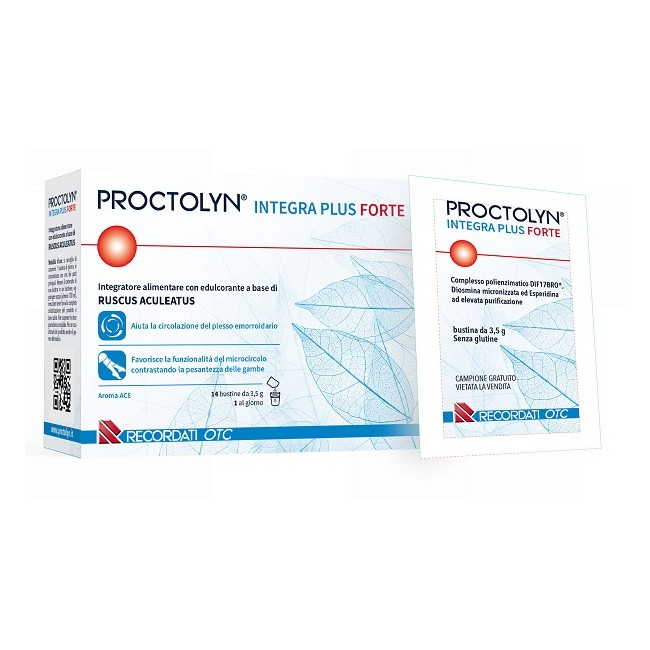 Confezione da 14 bustine di Proctolyn Integra Plus Forte, integratore per le emorroidi.