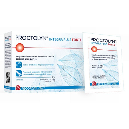Confezione da 14 bustine di Proctolyn Integra Plus Forte, integratore per le emorroidi.