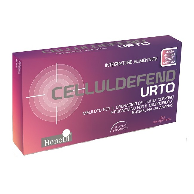 Confezione da 30 compresse di Celluldefend Urto, integratore per microcircolo e drenaggio dei liquidi.