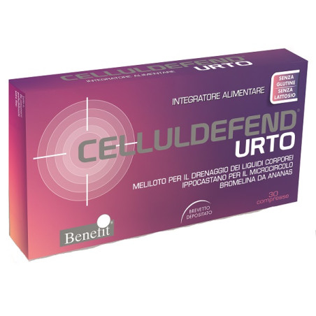 Confezione da 30 compresse di Celluldefend Urto, integratore per microcircolo e drenaggio dei liquidi.