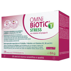 Confezione da 28 bustine di OMNi-BiOTiC Stress, integratore per l'equilibrio intestinale e il buon umore.