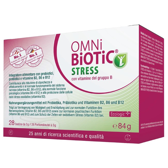 Confezione da 28 bustine di OMNi-BiOTiC Stress, integratore per l'equilibrio intestinale e il buon umore. Confezione da 28 bustine di OMNi-BiOTiC Stress, integratore per l'equilibrio intestinale e il buon umore.