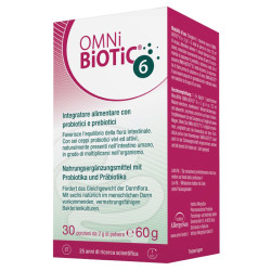Confezione da 60 grammi di Omni-Biotic 6, integratore di fermenti lattici per la flora intestinale.