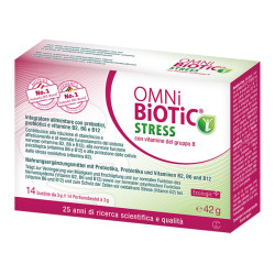Confezione da 14 bustine di Omni-Biotic Stress Con Vitamine Del Gruppo B, integratore per il benessere intestinale e nervoso.