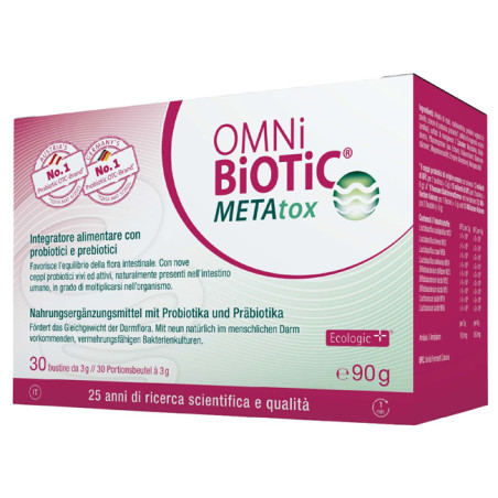 Confezione da 30 bustine di Omni-Biotic METAtox, integratore per disbiosi intestinale e disturbi metabolici.