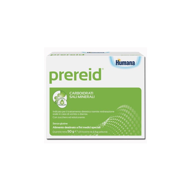 Confezione da 20 bustine di Humana Prereid per ripristinare l'equilibrio idrosalino. Confezione da 20 bustine di Humana Prereid per ripristinare l'equilibrio idrosalino.