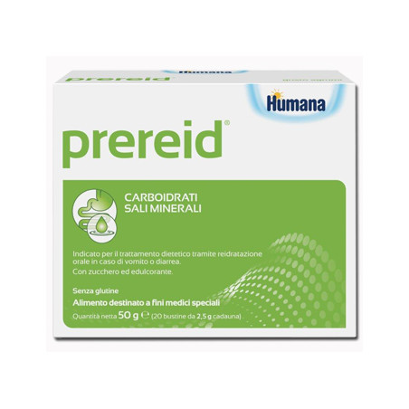 Confezione da 20 bustine di Humana Prereid per ripristinare l'equilibrio idrosalino. Confezione da 20 bustine di Humana Prereid per ripristinare l'equilibrio idrosalino.