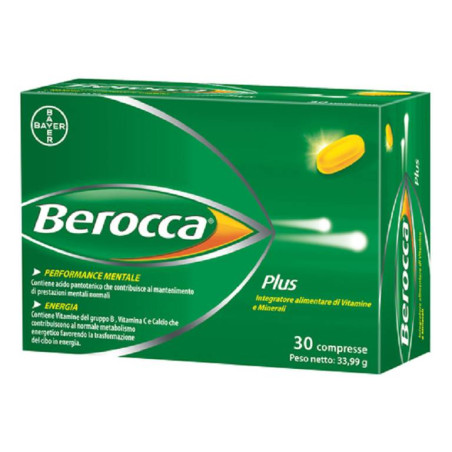 Confezione da 30 compresse di Berocca Plus, integratore per stanchezza fisica e mentale.