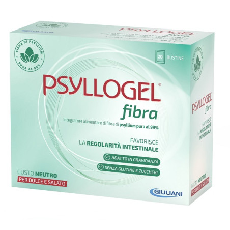 Confezione da 20 bustine di Psyllogel Fibra  Gusto ZNeutro, integratore per stitichezza occasionale e cronica.