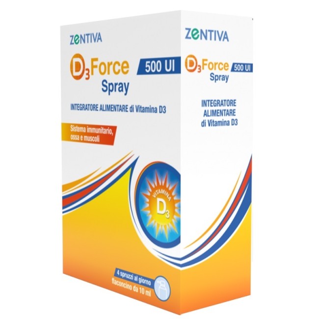 Confezione spray da 10 ml di Zentiva D3 Force 500 UI Integratore Per Ossa Muscoli E Difese Immunitarie. Confezione spray da 10 ml di Zentiva D3 Force 500 UI Integratore Per Ossa Muscoli E Difese Immunitarie.