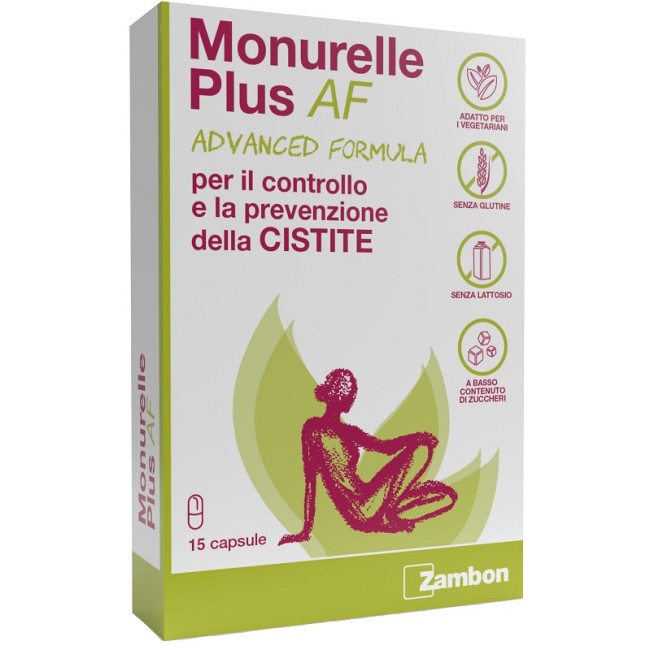 Confezione da 15 capsule di Monurelle plus AF formula avanzata integratore per la cistite. Confezione da 15 capsule di Monurelle plus AF formula avanzata integratore per la cistite.