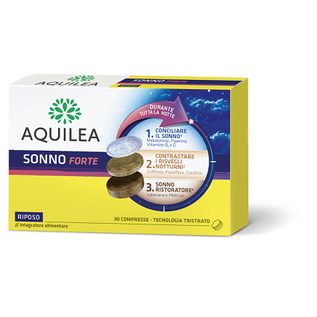 Confezione da 30 compresse di Aquilea Sonno Forte, integratore per il rilassamento e il sonno.