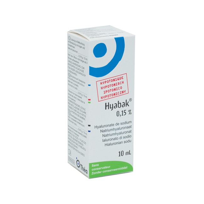 Flacone da 10 ml di Hyabak 0,15%, collirio per occhi secchi e irritati. Flacone da 10 ml di Hyabak 0,15%, collirio per occhi secchi e irritati.