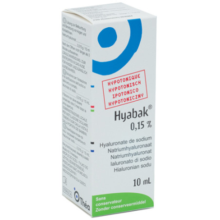 Flacone da 10 ml di Hyabak 0,15%, collirio per occhi secchi e irritati.