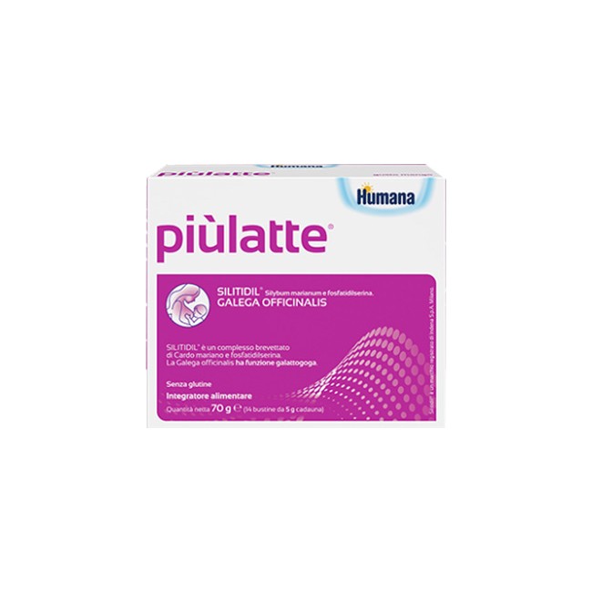 Confezione da 14 bustine di Humana Piulatte, integratore utile per favorire la priduzione del latte materno.