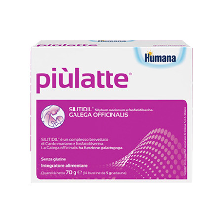 Confezione da 14 bustine di Humana Piulatte, integratore utile per favorire la priduzione del latte materno.