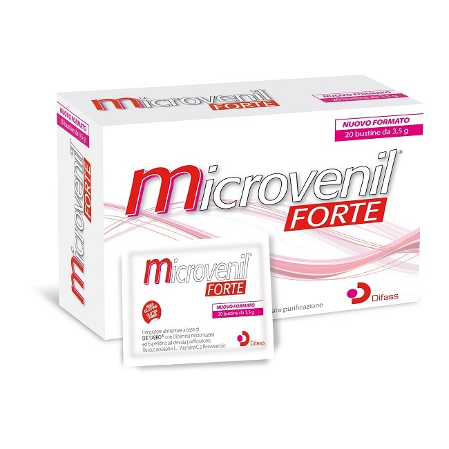 Confezione da 20 bustine di Microvenil Forte, integratore per edemi e gambe pesanti.