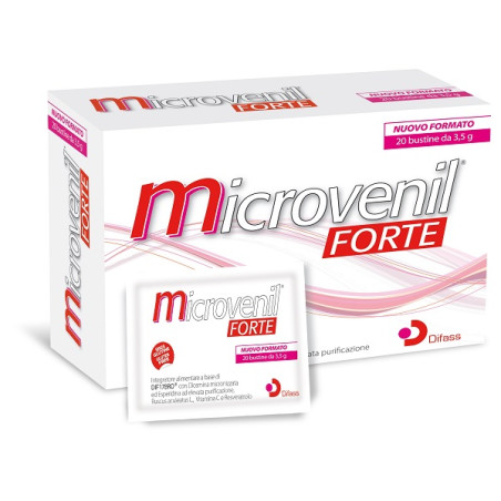 Confezione da 20 bustine di Microvenil Forte, integratore per edemi e gambe pesanti.