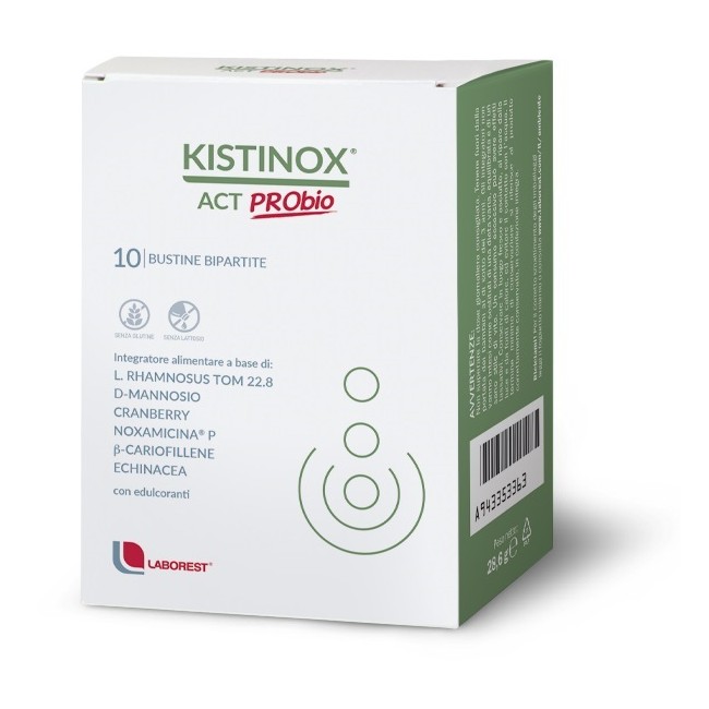 Confezione da 10 bustine di Kistinox Act Probio, integratore per il benessere dell'intestino e delle vie urinarie.