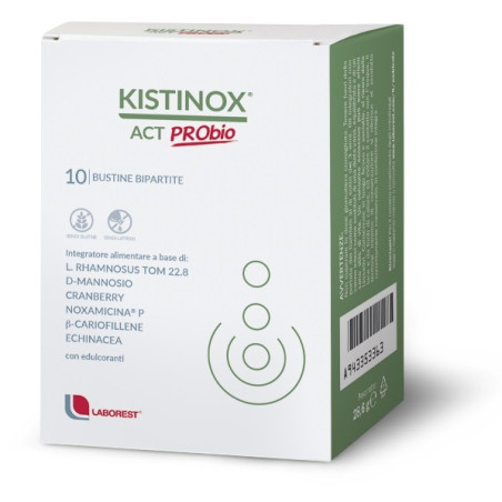 Confezione da 10 bustine di Kistinox Act Probio, integratore per il benessere dell'intestino e delle vie urinarie.