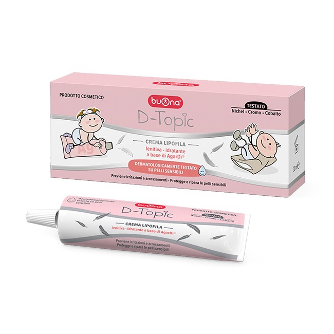 Tubo da 30 ml di D-Topic Crema, prodotto utile per irritazioni e arrossamenti cutanei. Tubo da 30 ml di D-Topic Crema, prodotto utile per irritazioni e arrossamenti cutanei.