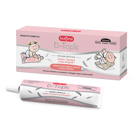 Tubo da 30 ml di D-Topic Crema, prodotto utile per irritazioni e arrossamenti cutanei. Tubo da 30 ml di D-Topic Crema, prodotto utile per irritazioni e arrossamenti cutanei.