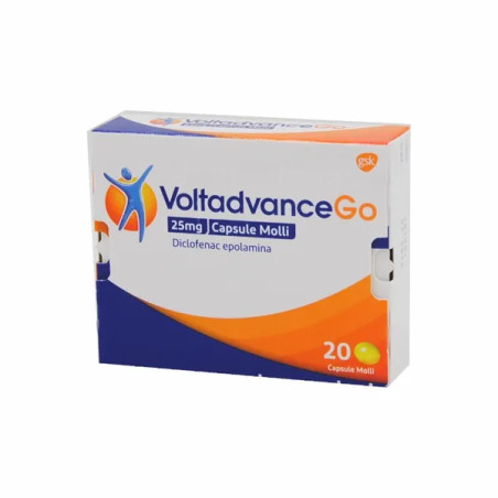Confezione da 20 capsule molli di VoltadvanceGo Farmaco Antidolorifico Antinfiammatorio Diclofenac Epolamina 25 mg.