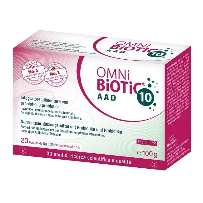 Confezione da 20 bustine di Omni-Biotic 10 AAD, integratore per l'equilibrio del microbiota intestinale. Confezione da 20 bustine di Omni-Biotic 10 AAD, integratore per l'equilibrio del microbiota intestinale.