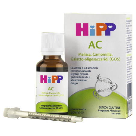 Flacone da 30 ml di Hipp AC, integratore per il gonfiore addominale dei bambini. Flacone da 30 ml di Hipp AC, integratore per il gonfiore addominale dei bambini.
