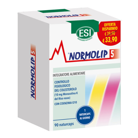 Confezione da 90 capsule vegetali di Esi Normolip 5 integratore per abbassare il colesterolo. Confezione da 90 capsule vegetali di Esi Normolip 5 integratore per abbassare il colesterolo.