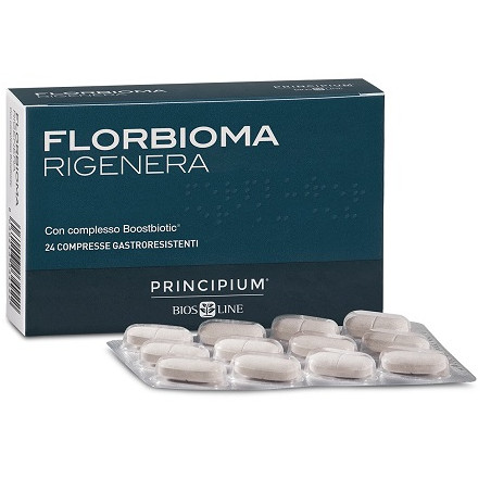 Confezione da 24 compresse di Principium Florbioma Rigenera, integratore per problemi digestivi e gonfiore addominale.