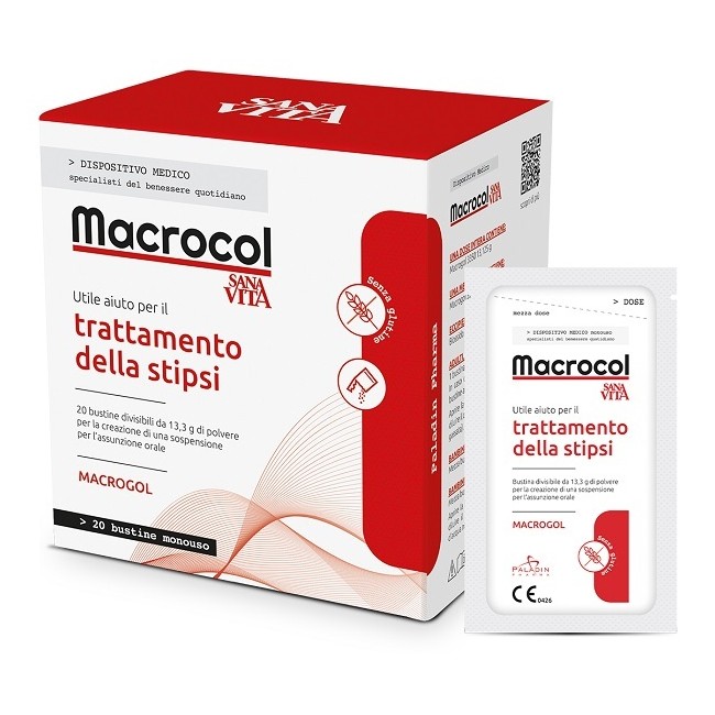 Confezione da 20 bustine di Sanavita Macrocol Plus, integratore contro la stitichezza. Confezione da 20 bustine di Sanavita Macrocol Plus, integratore contro la stitichezza.