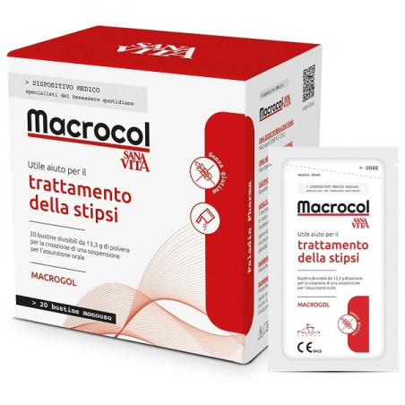 Confezione da 20 bustine di Sanavita Macrocol Plus, integratore contro la stitichezza.