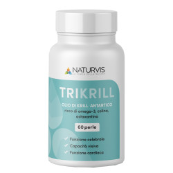 Flacone da 60 perle di Trikrill, integratore antiossidante per vista e funzione cerebrale.