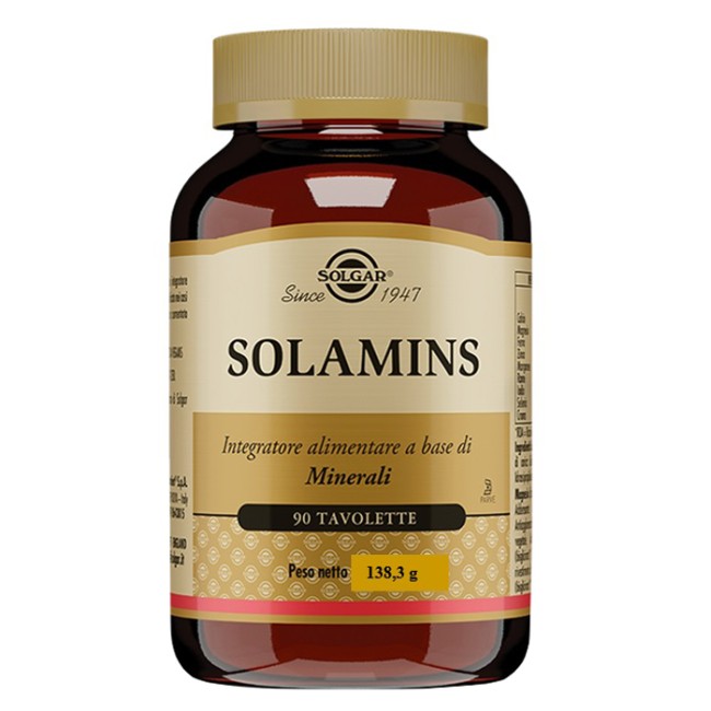 Barattolo da 90 tavolette di Solgar Solamins, integratore per stanchezza e affaticamento.