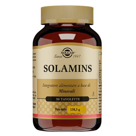 Barattolo da 90 tavolette di Solgar Solamins, integratore per stanchezza e affaticamento.
