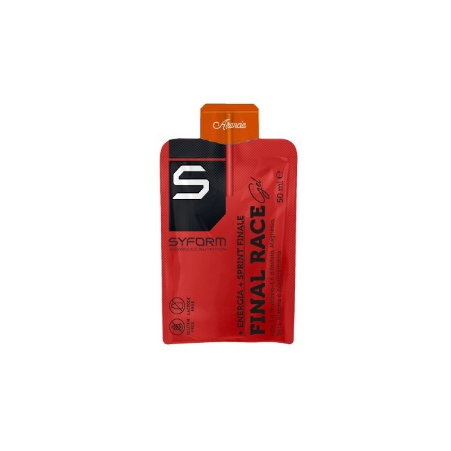 Busta da 50 ml di Final Race Arancio, integratore per ridurre la fatica durante l'attività sportiva. Busta da 50 ml di Final Race Arancio, integratore per ridurre la fatica durante l'attività sportiva.