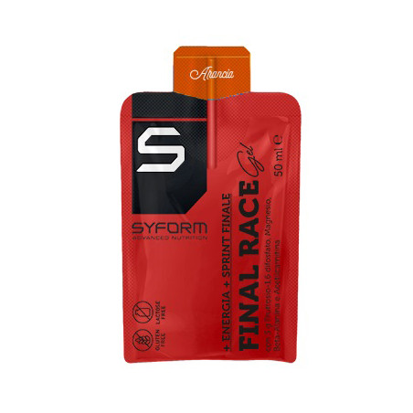 Busta da 50 ml di Final Race Arancio, integratore per ridurre la fatica durante l'attività sportiva. Busta da 50 ml di Final Race Arancio, integratore per ridurre la fatica durante l'attività sportiva.