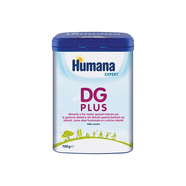 Barattolo da 700 g di Humana DG Plus Expert, alimento speciale utile contro stipsi e coliche infantili. Barattolo da 700 g di Humana DG Plus Expert, alimento speciale utile contro stipsi e coliche infantili.