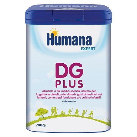 Barattolo da 700 g di Humana DG Plus Expert, alimento speciale utile contro stipsi e coliche infantili.