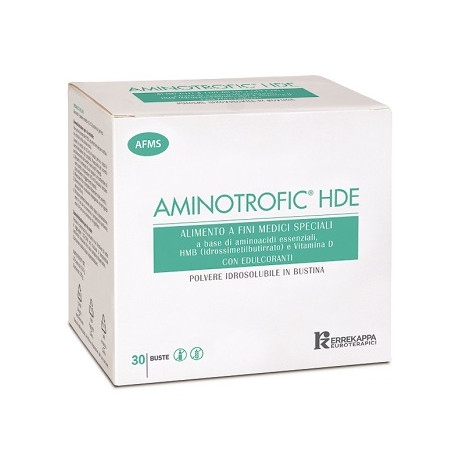 Confezione da 30 bustine di Aminotrofic HDE utile per contrastare la perdita di massa muscolare.