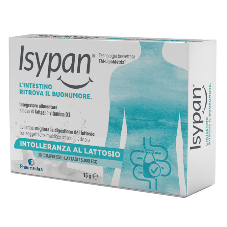 Confezione da 30 compresse di Isypan, integratore utile in caso di intolleranza al lattosio. Confezione da 30 compresse di Isypan, integratore utile in caso di intolleranza al lattosio.
